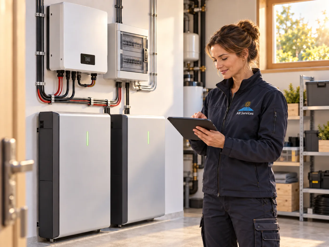 Technicienne AR SERVICES contrôlant une batterie de stockage photovoltaïque