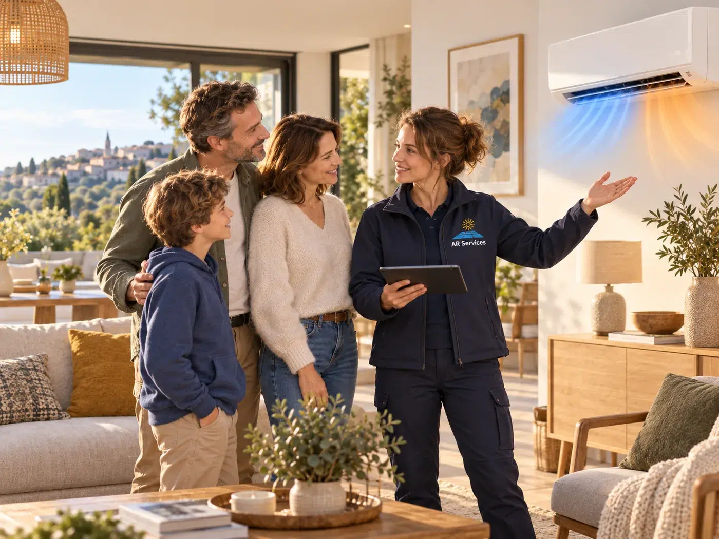 Technicienne AR SERVICES présentant une solution de climatisation à une famille