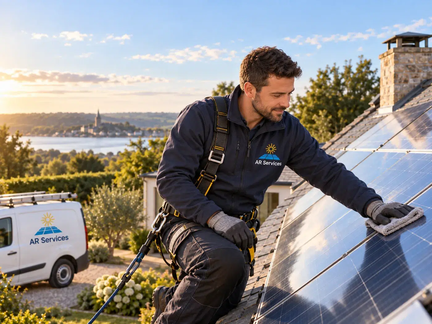 Technicien AR SERVICES réalisant l’entretien de panneaux photovoltaïques