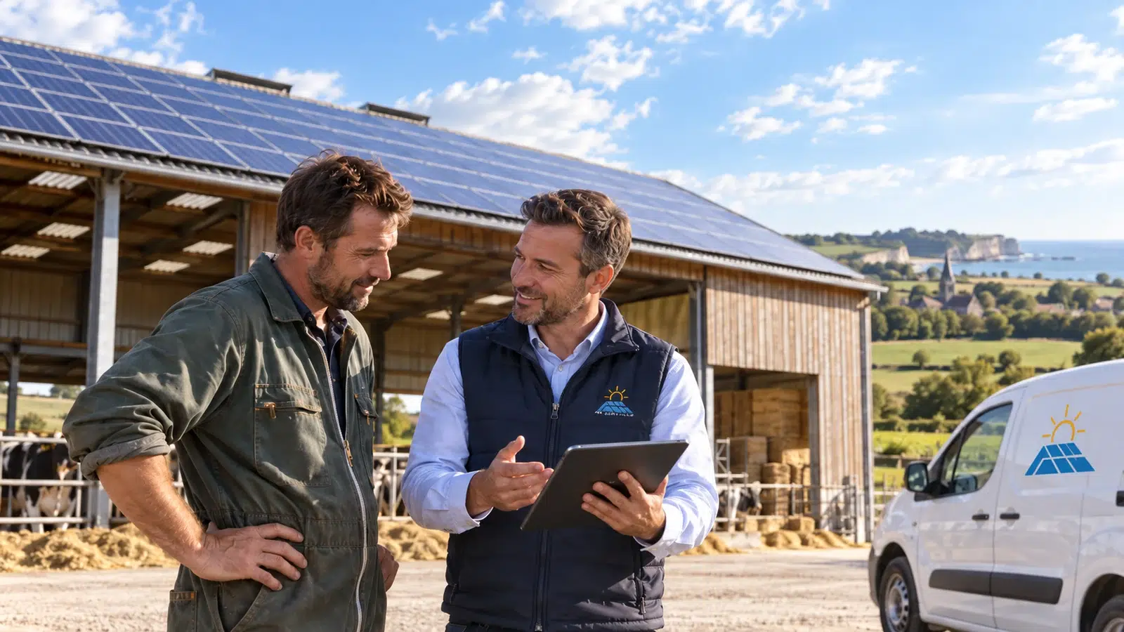 Conseiller AR SERVICES avec un agriculteur devant un bâtiment équipé de panneaux photovoltaïques