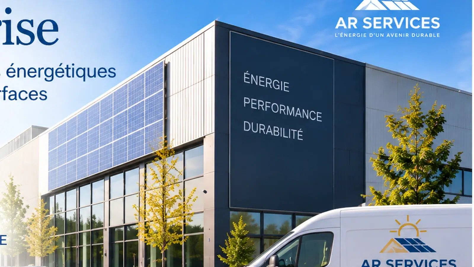 Conseiller AR SERVICES échangeant avec un professionnel devant un bâtiment photovoltaïque en Normandie