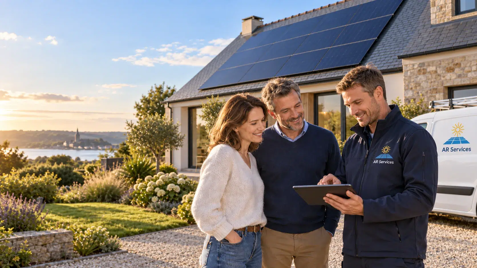 Conseiller AR SERVICES avec des propriétaires devant une maison équipée de panneaux photovoltaïques